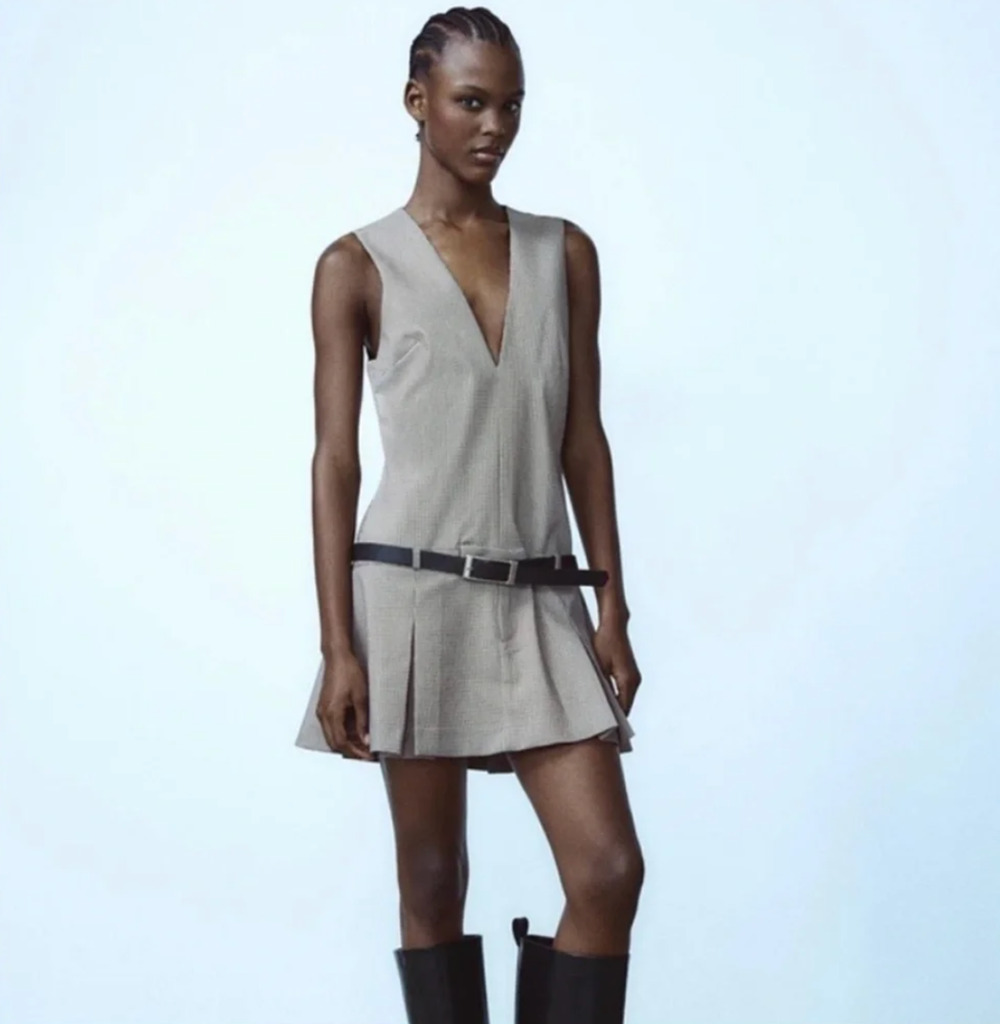 NWT Zara Plaid Deep V Belted Mini Dress Pleated Skirt Y2K Preppy